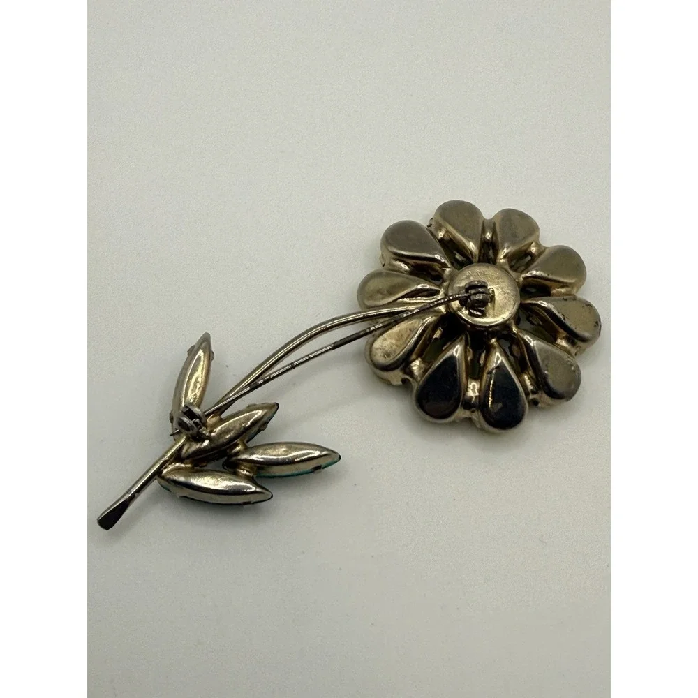 Vintage Flower Brooch Yellow Cabichon Petals Green Rhinestone Leaves Gold Tone